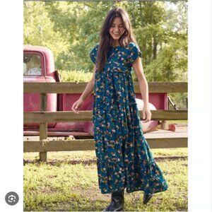 Natural Life Teal Floral Corduroy Tiered Boho Midi Dress Western Cottagecore M